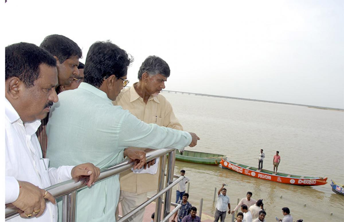 (Top left) Chief Minister N Chandrababu Naidu inspecting water taps at Pushkar ghats in Rajahmundry on Saturday. (Right) He tests strength of floor at Kotilingala ghat. (Below) CM visits Goshpadarevu at Kovvur in West Godavari district on Saturday evening