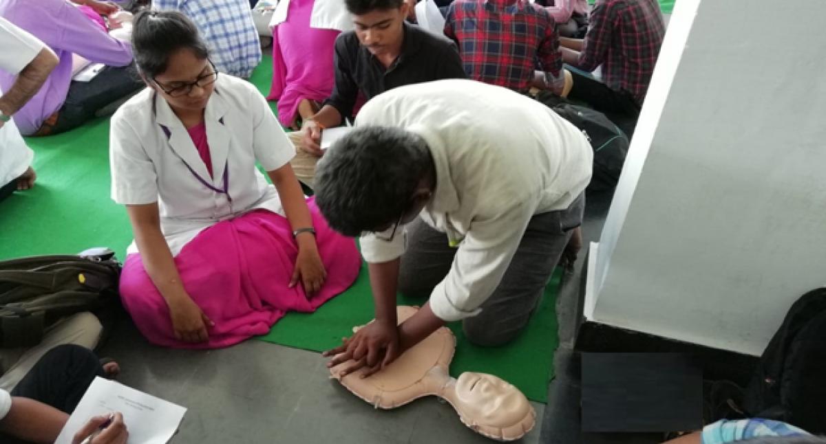 A student undergoing CPR training at Sri Vidyanikethan Educational Institutions in Rangampeta in Chittoor district on Tuesday