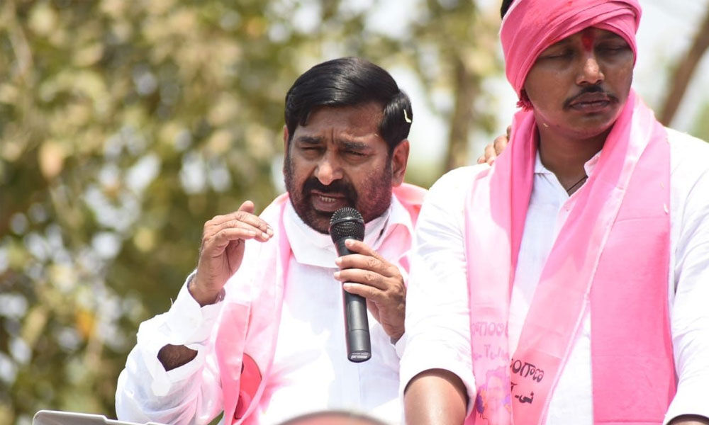 Energy Minister G Jagadish Reddy along with party candidate for Sagar byelection Nomula Bhagath Kumar campaigning in Nidamanur mandal on Thursday